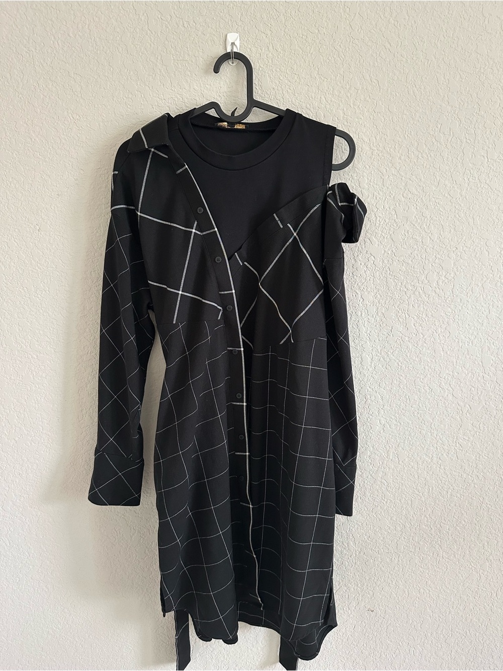 Maje Black Windowpane Asymmetrical Shirt Dress